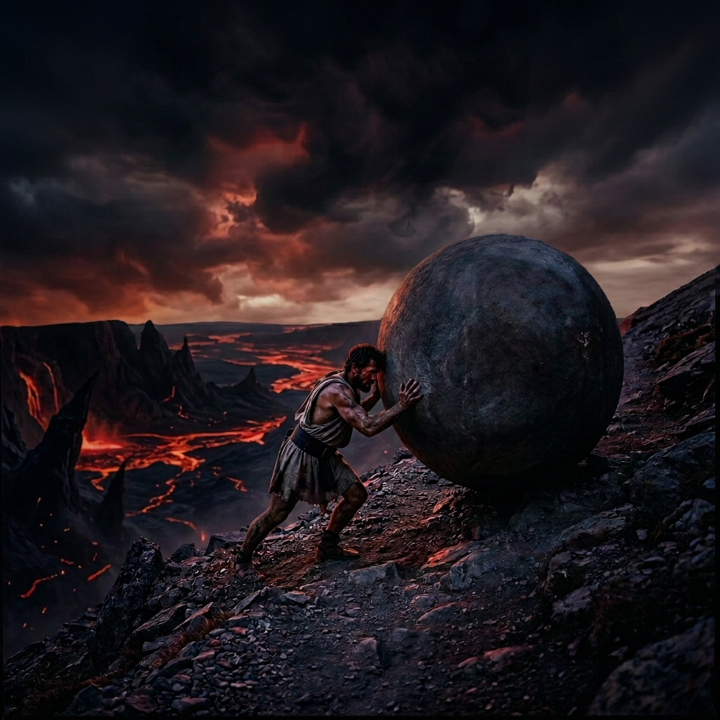 Man pushing a large boulder uphill on a rocky mountain trail during sunset